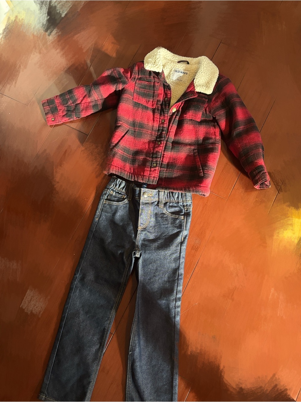 Old Navy Red and Black Plaid Jacket with Cream Sherpa Collar